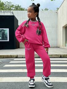 SHEIN Tween Girl 1pc Letter Graphic Drop Shoulder Pullover & 1pc Sweatpants - Hot Pink - View 3