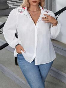 Calvaya Plus Floral Embroidery Lantern Sleeve Shirt - White - View 5