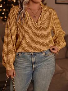 SHEIN LUNE All-over Printed V-neck Plus Size Shirt - Orange - View 3