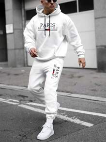 Manfinity Homme Men's Letter Printed Hooded Sweatshirt And Pants Set With Drawstring - White - View 1