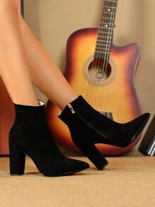 2025秋冬新款粗跟短靴女尖头高跟靴欧美时尚踝靴 - 黑色 - 查看 4