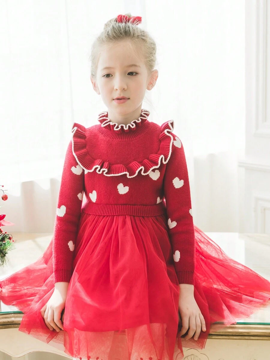 Trẻ Cô gái Hình trái tim Đầm Áo len Với Lưới Hem Và Chi tiết Frill - Đỏ - Xem 1