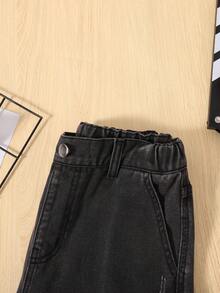 SHEIN Tween Boy Flap Pocket Side Cargo Jeans - Black - View 5