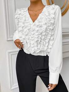 SHEIN Privé Ruffle Design V-neck Puff sleeve Shirt - White - View 4