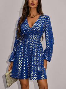 Chiquease Women's V-neck Geometric Printed Lantern Sleeve Dress - Blue - View 4