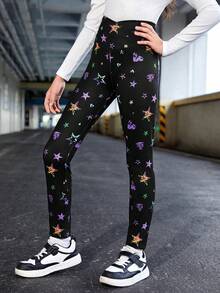 SHEIN 少女反光星星&蝴蝶印花紙巾緊身褲 - 黑色 - 查看 3