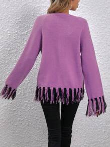 SHEIN Clasi 女士流蘇邊裝飾插肩袖長袖開襟衫 - 紫色 - 查看 2