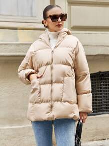 SHEIN Cottnline Chaquetas Acolchadas Con Capucha Y Doble Bolsillo Para Mujer - Beis - Ver 1
