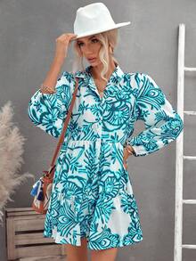 SHEIN Frenchy All-over Printed Lantern Sleeve Blouse Dress With Ruffled Hem For Women - Blue - View 4