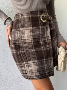EURMUSE Ladies' Plaid Skirt With Metal Buckle - Brown - View 6