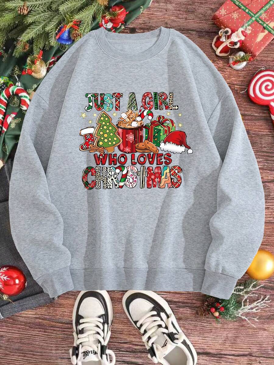 SHEIN Unity Áo nỉ lót nhiệt họa tiết Giáng sinh cỡ lớn - Màu Xám nhạt - Xem 1