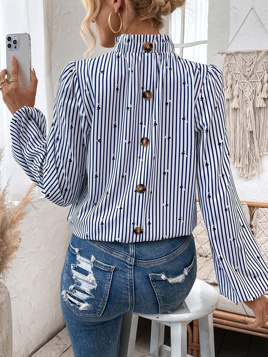 SHEIN Privé 女式條紋半高領燈籠袖襯衫