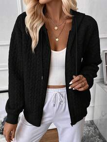 SHEIN LUNE Women's Zip Up Drawstring Hooded Sweatshirt - Black - View 6