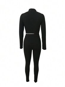 European And American Women's Fashionable, Slim-Fit Top With Zipper, Street Style, And Simple Ribbed-Knit Long-Sleeved Top And Long Pants Set For Autumn And Winter