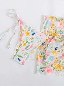 Swim Mod Summer 3pcs Floral Print Bikini Set With Side Tied Straps, Drawstring Design Cover-Up Skirt - Multicolor - View 5