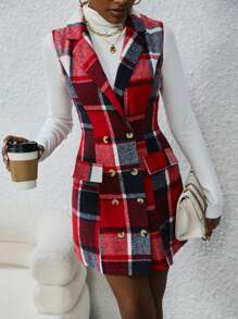 Chiquease Plaid Double-breasted Vest Suit Jacket - Red - View 6