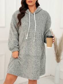 SHEIN LUNE 大碼女性連帽搖粒絨抽繩洋裝 - 彩色 - 查看 3