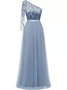 不对称领口亮片婚礼伴娘礼服，薄纱A字形舞会礼服 - 带亮片细节的新娘和正式晚礼服，婚礼宾客礼服