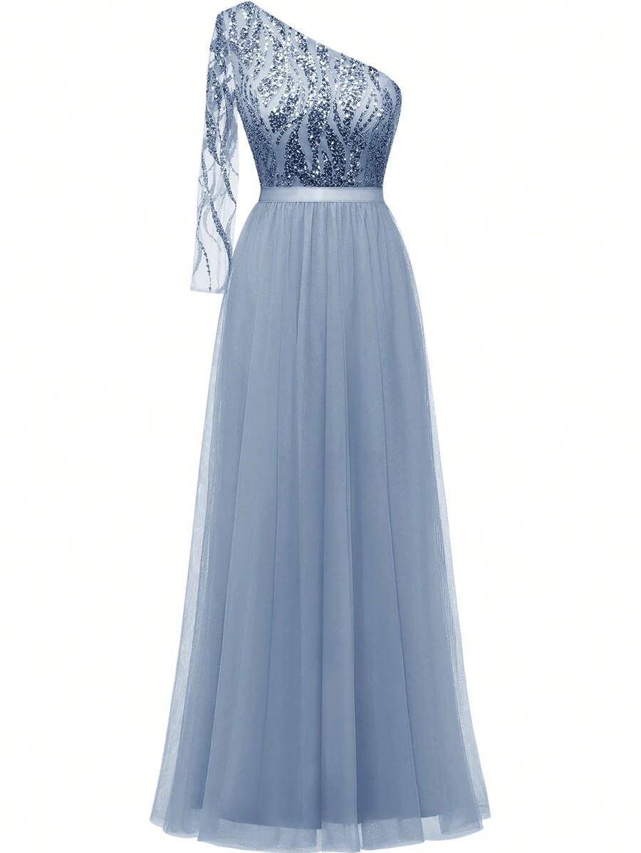 不对称领口亮片婚礼伴娘礼服，薄纱A字形舞会礼服 - 带亮片细节的新娘和正式晚礼服，婚礼宾客礼服