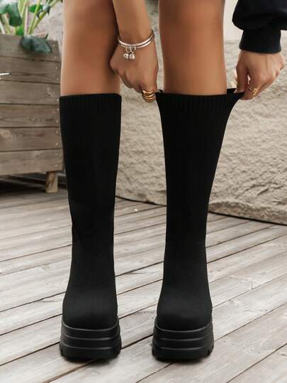 Giày bốt cao gót đế dày dệt kim thời trang mới dành cho nữ, áo khoác cardigan, dáng cao đến đầu gối co giãn với thiết kế cổ cao cho mùa đông màu đen, phù hợp với trang phục mùa thu, dự tiệc