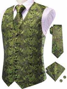 Men Green Printed Single-Breasted Suit Vest - Green - View 1