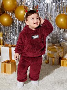 SHEIN 嬰兒男童字母拼接連帽衫和褲子 - 酒紅色 - 查看 4