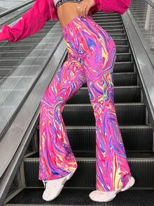 SHEIN Coolane Của phụ nữ Cao eo Quần loe Với In Đá cẩm thạch Và Dải phản quang - Nhiều màu - Xem 5