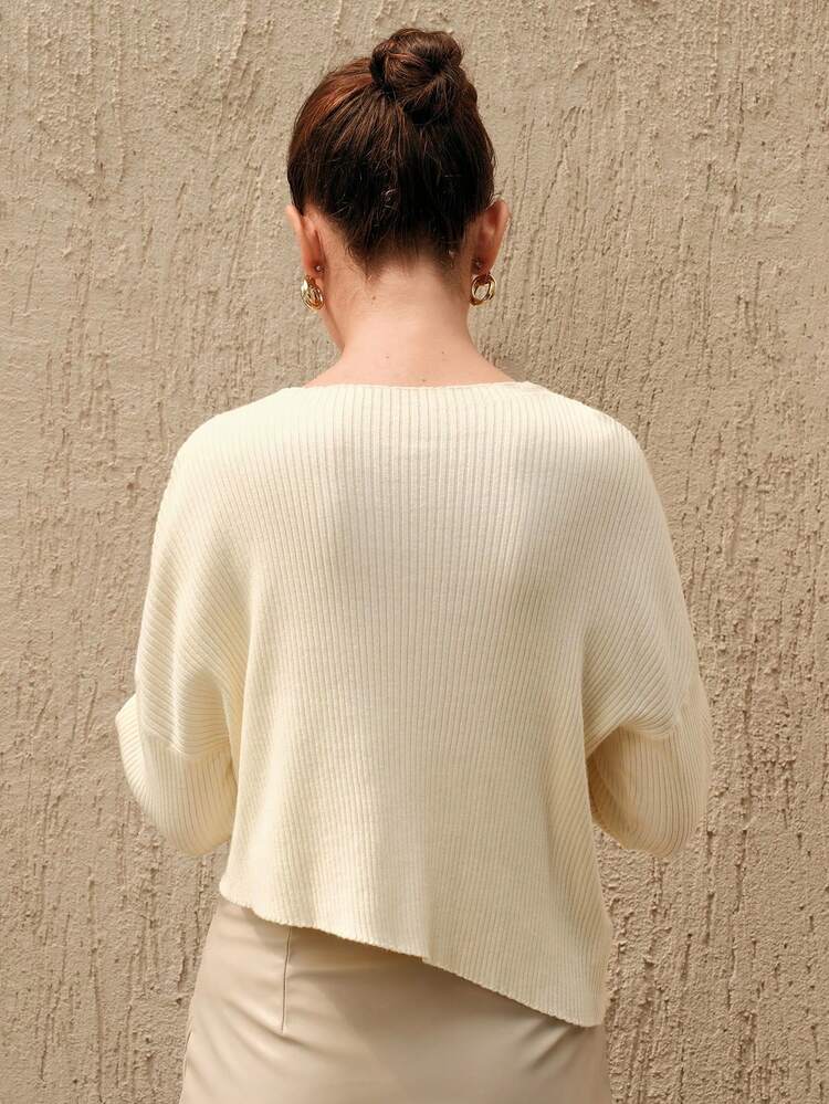 Women's Ribbed Knitted Drop Shoulder Sweater Fall Winter