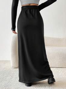 SHEIN EZwear 女士長款帶有束繩的帽衫裙 - 黑色 - 查看 2