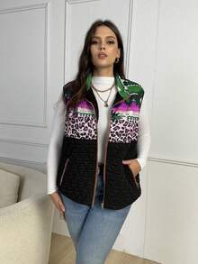 EMERY ROSE 大码豹纹印花和热带印花加垫背心羽绒夹克 - 紫色 - 查看 6