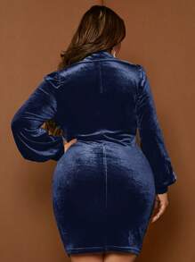 SHEIN SXY Plus Plunging Neck Lantern Sleeve Ruched Velvet Bodycon Dress - Royal Blue - View 2