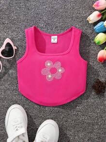 少女鑲嵌花卉水鑽背心上衣 - 玫紅色 - 查看 1