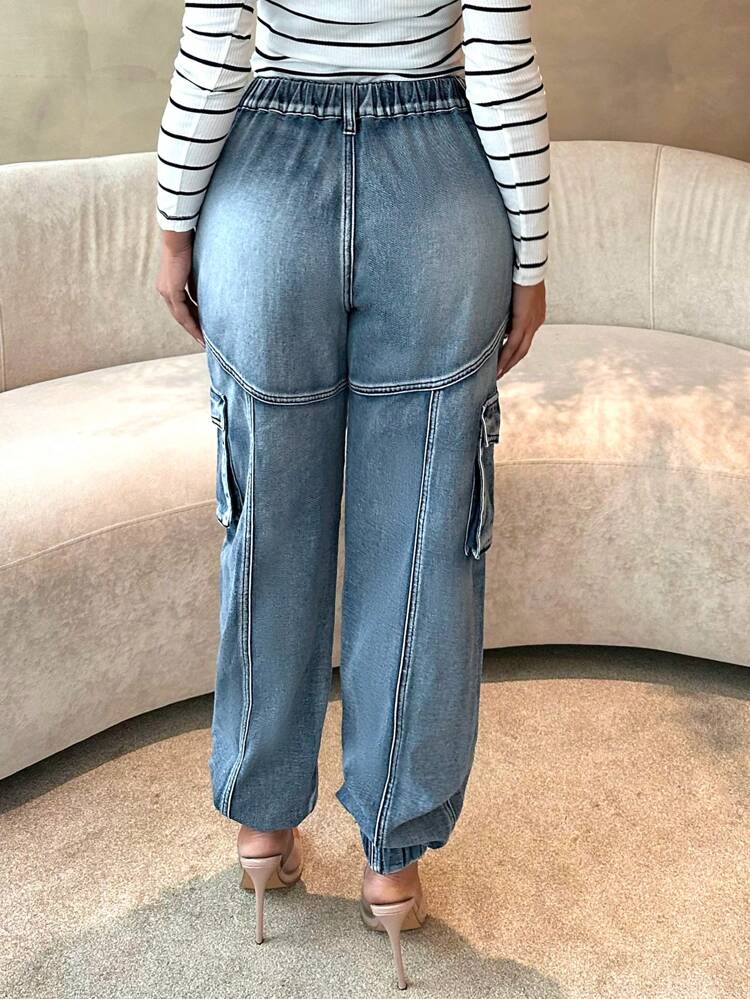 Sexy Low Waist Workwear Style Pocket Detail Women'S Denim Joggers, Blue