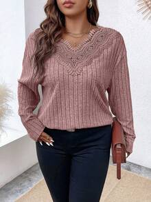 Calvaya Kích thước lớn Của phụ nữ Trang trí ren Sọc Áo thun - Bụi hồng - Xem 3