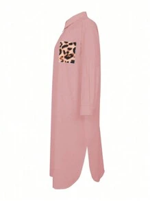 Maweii Hơn In hoa Báo Đã vá Túi Thả vai Váy sơ mi - Bụi hồng - Xem 3