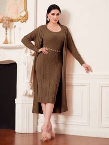 Modelyn 2pcs Cable-knit Cardigan And Solid Color Sweater Dress - Brown - View 3