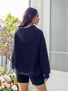 SHEIN EZwear Women's Hooded Sweatshirt With Letter Print And Drawstring - Navy Blue - View 2