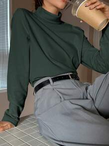 DAZY 女式純色高領t卹 - 墨綠色 - 查看 1