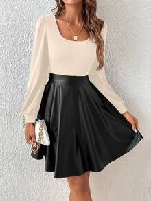 SHEIN Frenchy Women's Color Block Turn-down Collar Long Sleeve Dress - Apricot - View 3