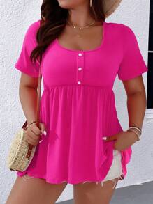 EMERY ROSE Plus Half Button Peplum Tee - Hot Pink - View 4