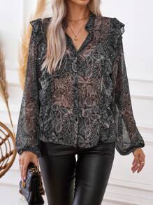 SHEIN Privé Peplum & Lantern Sleeve Mesh Blouse With Paisley Print - Multicolor - View 5