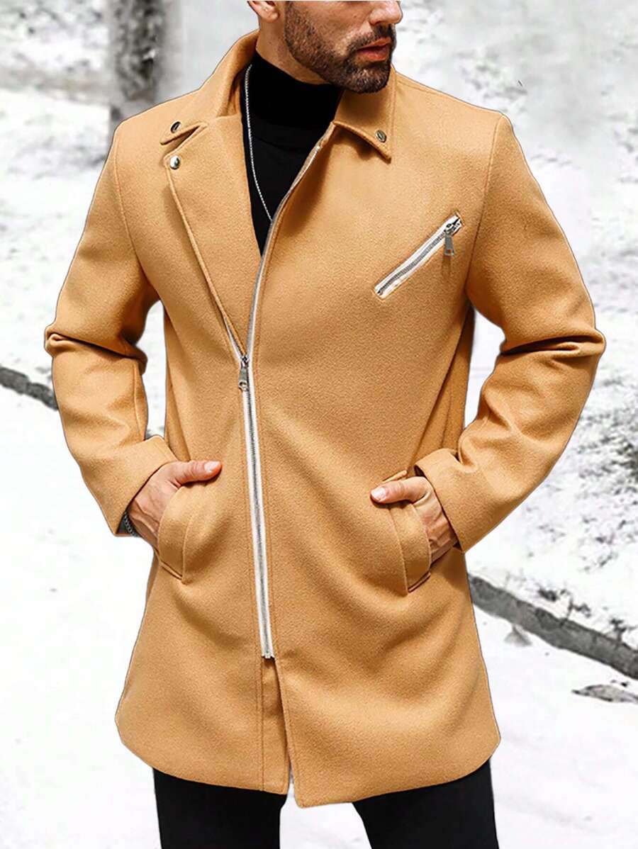 Manfinity Homme Men's Zipper Overcoat For Winter Daily Wear - Camel - View 1