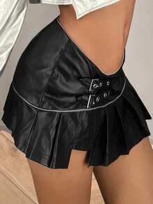 SHEIN ICON Asymmetrical Waist Contrast Piping Ruffle Hem PU Leather Skirt - Black - View 4