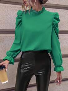 SHEIN Clasi 褶邊立領與蕾絲袖襯衫