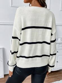 SHEIN Frenchy 時尚條紋v領毛衣 - 黑與白 - 查看 2