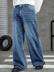 Manfinity Hypemode Men's Washed Loose Wide Leg Denim Jeans - Light Wash - View 1