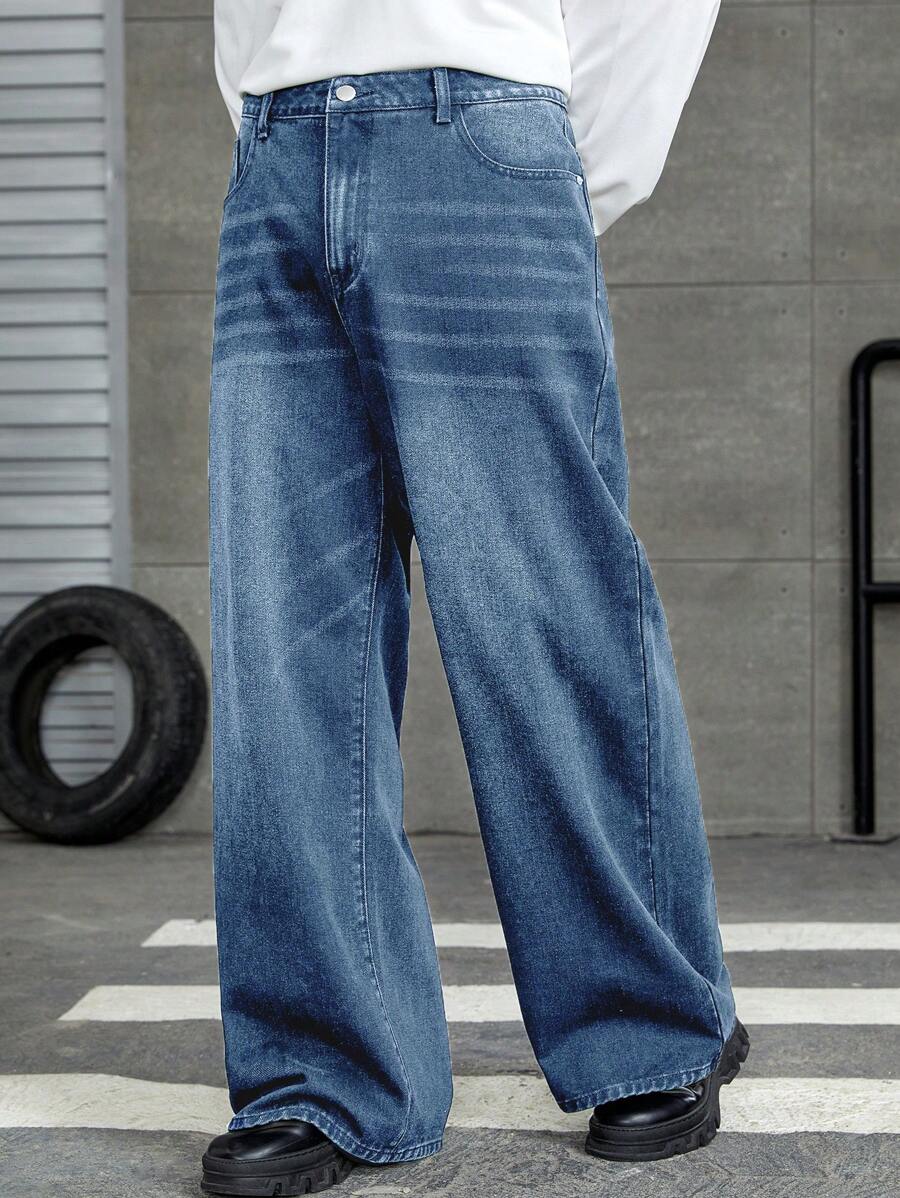 Manfinity Hypemode Men's Washed Loose Wide Leg Denim Jeans - Light Wash - View 1