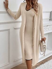 SHEIN Privé 凸紋針織毛衣連身裙和釦扣開襟開衫 - 杏色 - 查看 5