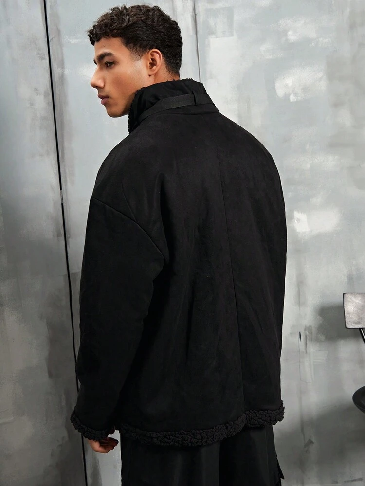Loose-Fit Men's Zippered Front Stand Collar Drop Shoulder Sleeve Jacket