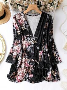 SHEIN LUNE Plus Floral Print Open Front Coat - Multicolor - View 1